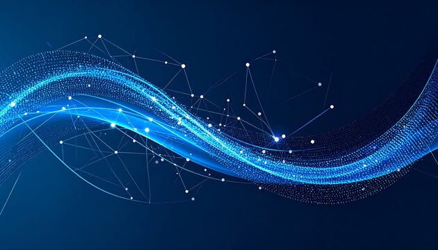 Abstract blue wave with connected dots on dark background.