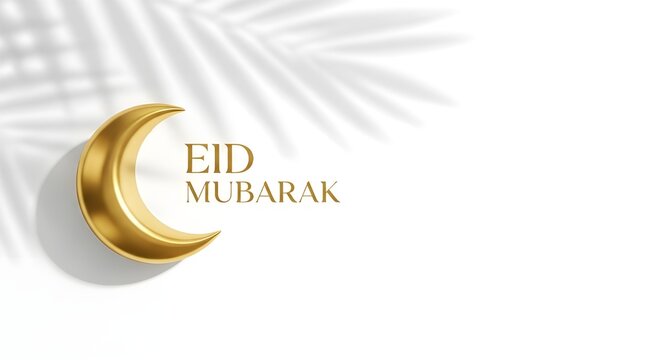 A minimalist composition presents an Eid Mubarak greeting with a golden crescent moon on a pristine white background, casting soft palm leaf shadows that evoke a sense of serenity and auspiciousness