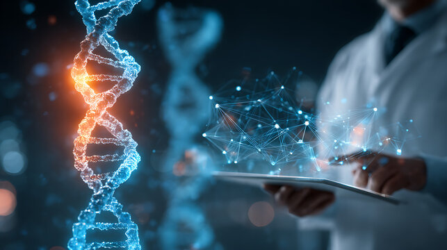 Glowing D N A helix with interconnected nodes and scientist using tablet science medical