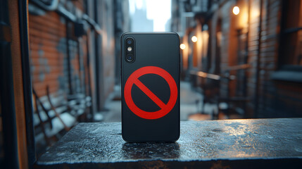Smartphone with a prominent red prohibition symbol displayed against an urban alley backdrop, capturing a moment of modern lifestyle