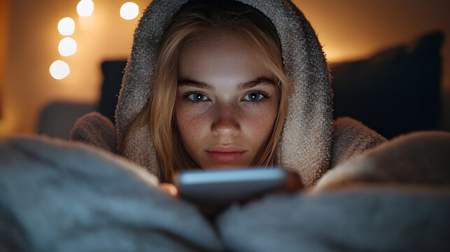 Young woman wrapped in a cozy blanket, focused on her smartphone in a softly lit room with warm bokeh lights in the background - Powered by Adobe