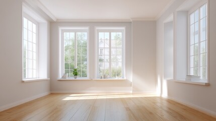 Obraz premium Bright and Spacious Empty Room with Large Windows Showcasing Natural Light and Greenery for Minimalist Interior Design Inspiration