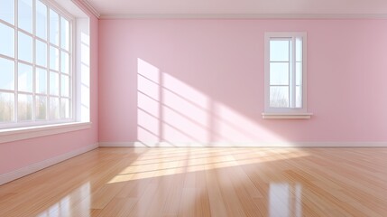Fototapeta premium Bright and Airy Empty Room with Pink Walls and Sunlight Pouring Through Windows Creating Soft Shadows on Wooden Floor