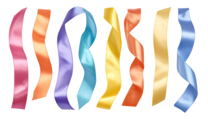 Set of Eight Waving Colorful Satin Ribbons Isolated on Transparent Background