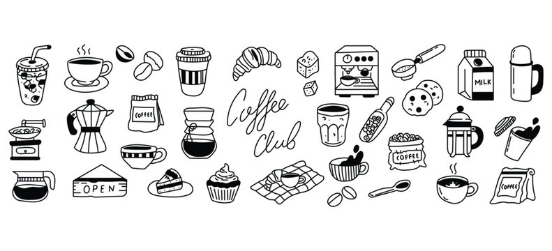 Coffee hand drawn doodle sketch set vector illustration. Morning breakfast, milk, dessert, croissant, machine, menu icons collection.