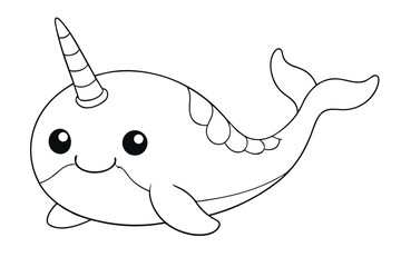 Cute cartoon narwhal coloring page isolated on