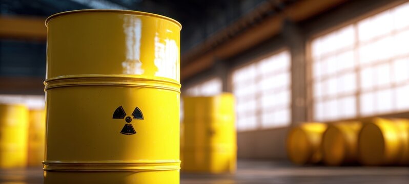 The barrel of yellow radioactive waste in a large industrial storage warehouse