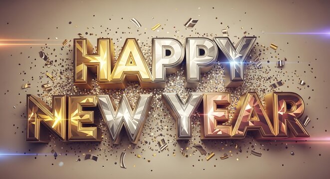 A festive happy new year greeting with gold, silver and copper letters