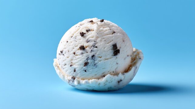 Delicious scoop of creamy vanilla ice cream with chocolate cookie crumbles on a smooth blue background for dessert imagery and food photography