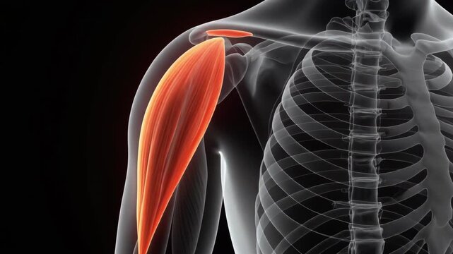 Detailed rendering of deltoid muscle highlighted on human skeletal system, emphasizing anatomy for educational or medical purposes