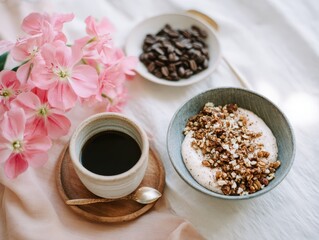 Healthy Breakfast Bowl and Coffee Fresh Morning Flatlay