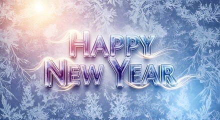 Happy new year greeting card with frosted trees and glowing light trails