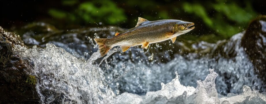 The Salmon Leaping Through Rocky Rapids in a Mountain Stream with Splashing Water