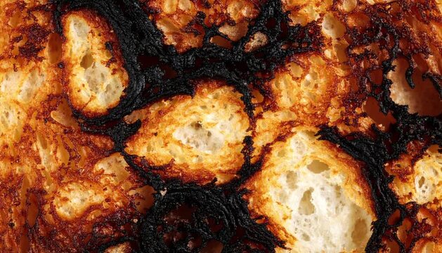 Close-up of charred bread texture A visual of burnt toast with dark, crispy edges