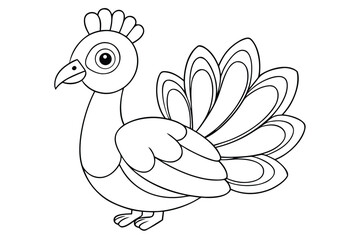 Cute cartoon peacock coloring page for kids isolated on