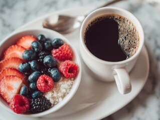 Healthy Breakfast Bowl and Coffee Fresh Morning Flatlay