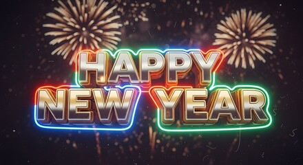 Happy new year celebration with colorful neon lights and fireworks display