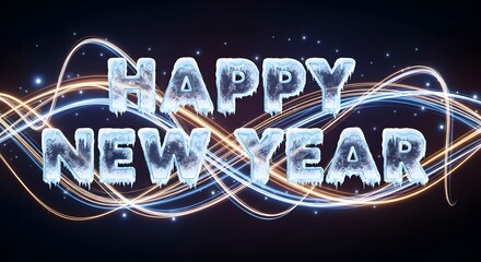 Obraz premium Happy new year message with icy letters and glowing light streaks design