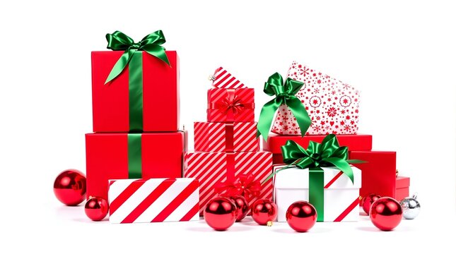 christmas ornaments, red apples, green leaves, gift boxes, festive holiday decor, flatlay composition, minimalist background, high contrast, vibrant colors, clean and organized arrangement