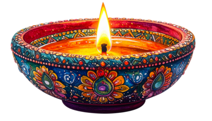 Vibrant Watercolor Illustration of a Lit Indian Diya Oil Lamp Isolated