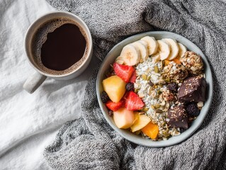 Healthy Breakfast Bowl and Coffee Fresh Morning Flatlay