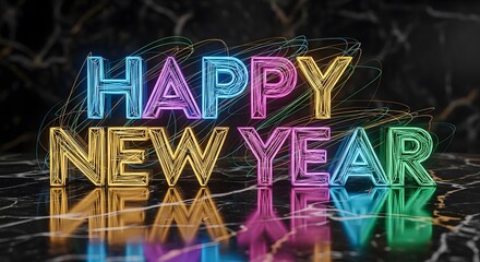 Colorful neon sign wishes a happy new year on a reflective black surface