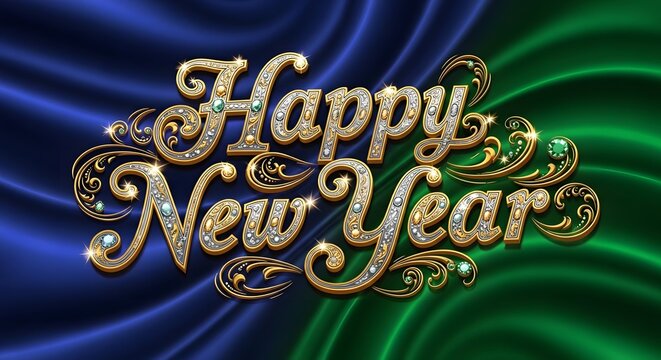 Happy new year wishes with ornate gold lettering on a colorful backdrop - Powered by Adobe
