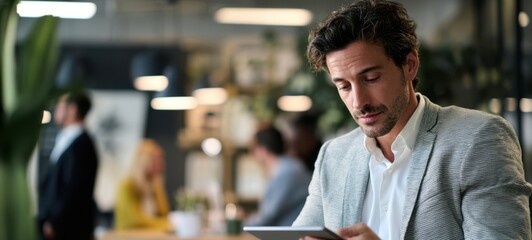 The businessman using a tablet in a modern coworking office during workday