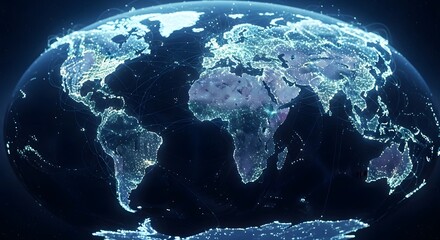 Obraz premium Global network connectivity visualization on a blue glowing world map showing continents and interconnected lines across countries