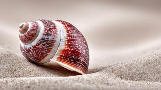 A spiral seashell with red and white patterns sits partially buried in textured, light-colored sand