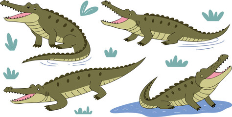 A collection of illustrations featuring various poses of crocodiles. The crocodiles are primarily rendered in shades of green and brown, with detailed scales and open mouths revealing pink interiors. 