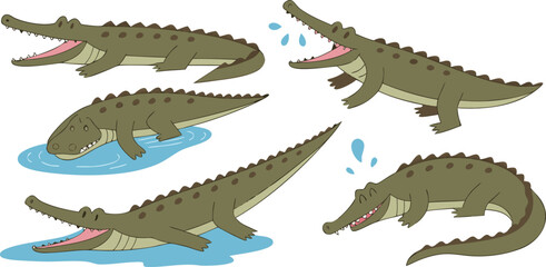 A collection of illustrations featuring various poses of crocodiles. The crocodiles are primarily rendered in shades of green and brown, with detailed scales and open mouths revealing pink interiors. 