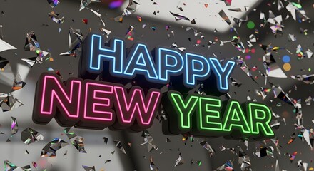 A vibrant happy new year greeting with neon lights and confetti falling