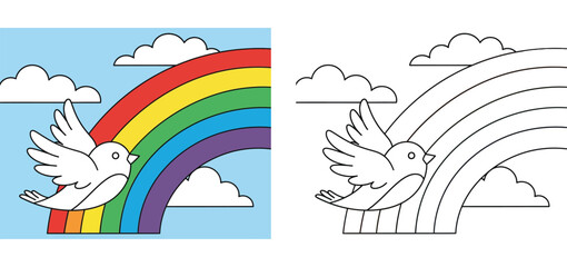 Cute White Dove Bird Flying Over Colorful Rainbow. Symbol of Peace and Hope in Blue Sky with Clouds for Kids Design Vector Illustration.