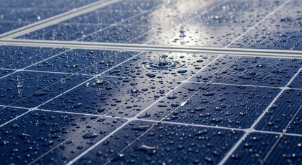 Close-up of water droplets from rain beaded on the surface of a blue photovoltaic solar panel.