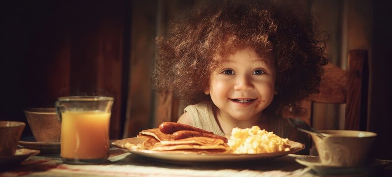 The child enjoying a hearty breakfast of pancakes, scrambled eggs and orange juice - Powered by Adobe