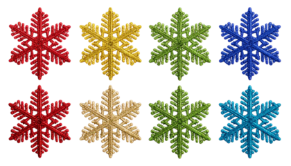 Set of Colorful Glitter Christmas Snowflakes Isolated on Transparent Background
