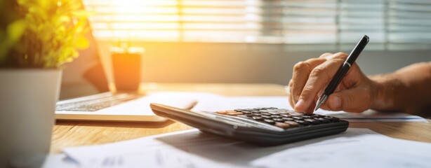The calculator and hand calculating finances on a sunlit office desk with laptop
