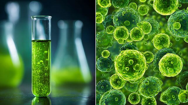Green liquid in test tube and microscopic cells laboratory science