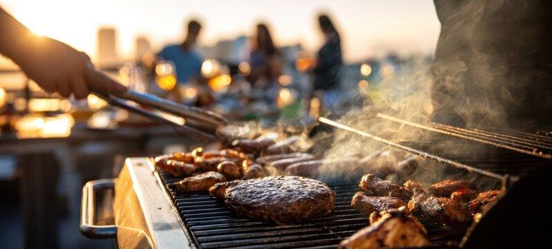 The Grill on a Rooftop Serving Juicy Burgers and Chicken During Sunset Gathering - Powered by Adobe