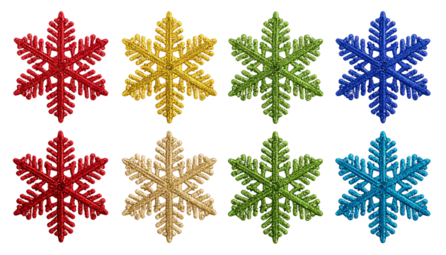 Set of Colorful Glitter Christmas Snowflakes Isolated on Transparent Background