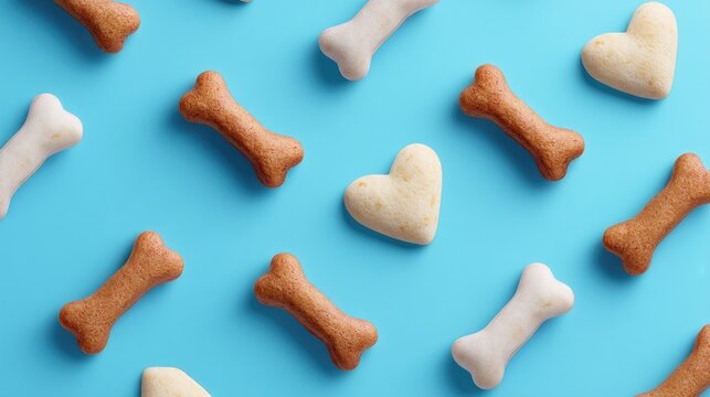 Colorful assortment of dog treats arranged playfully on a bright blue background showcasing fun shapes and textures that appeal to pets and pet owners alike