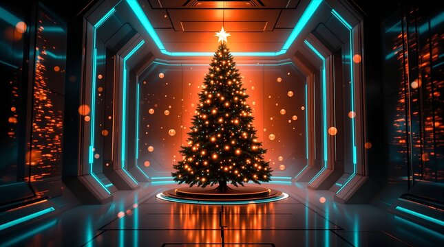 futuristic sci-fi christmas tree, omate neon glowing christmas tree, cyberpunk holiday decor, digital winter wonderland, holographic christmas tree, dramatic lighting, architectural