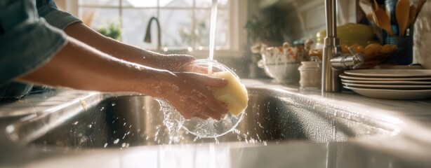 The hands washing a plate under running water in sunlit kitchen sink