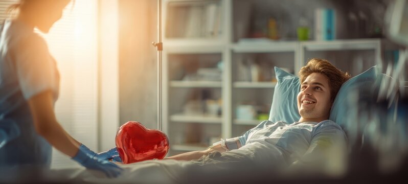 The Young Man Donating Blood Smiles While Holding a Heart Stress Ball - Powered by Adobe