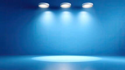Bright Blue Background with Three Spotlights Illuminating a Clear Floor Space Ideal for Presentations and Performances with a Modern Aesthetic