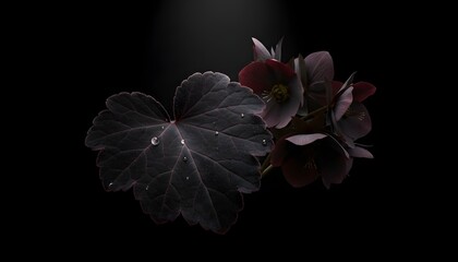 Dark moody closeup of a single heuchera leaf with water droplets next to deep burgundy or blackish purple flowers against a black background