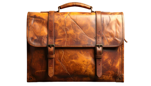 Worn Vintage Brown Leather Briefcase or Satchel with Buckle Straps Isolated