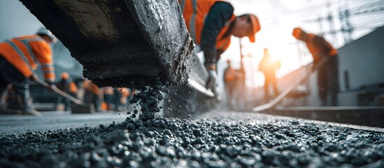 Workers in safety vests and helmets pour and spread fresh concrete on a construction site, with a close-up view of the wet cement flowing from a chute.