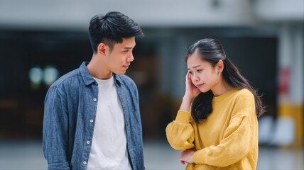 A couple engaged in a serious and emotional conversation, their expressions and body language reflecting tension and unresolved conflict.